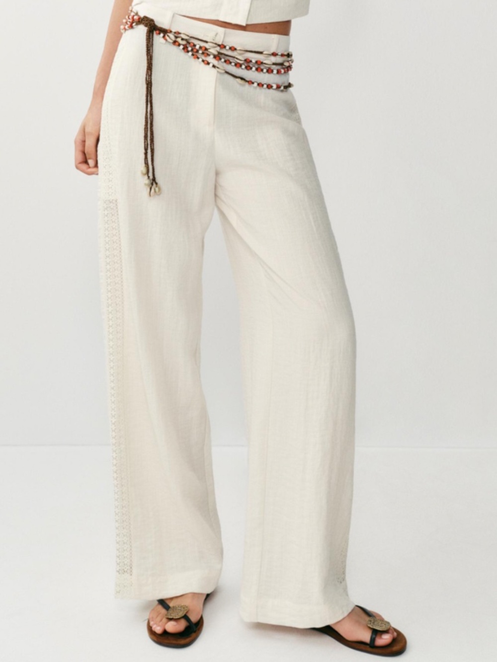 NWOT Zara XS Side Lace Insert Straight Leg Pants Ecru Cream Ivory Linen Look